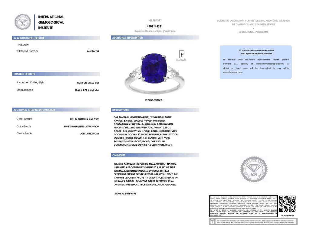 5.55 Carat Cushion Blue Sapphire and Diamond Ring - David Gross Group