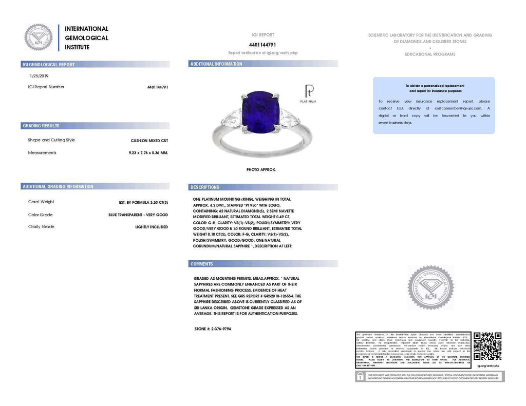 3.30 Carat Cushion Blue Sapphire and Diamond Ring - David Gross Group