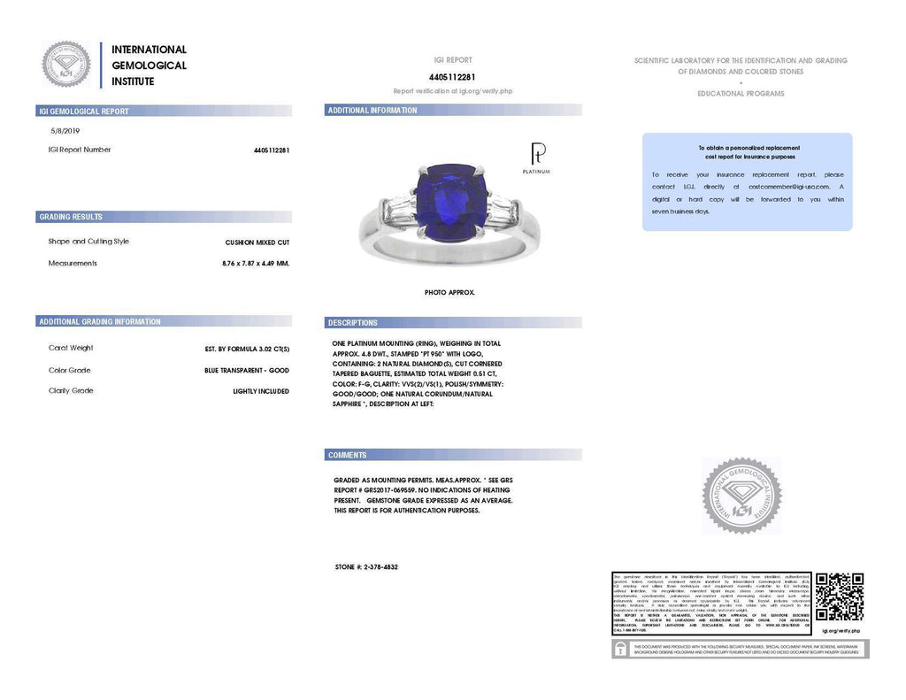 3.02 Carat Cushion Blue Sapphire and Diamond Ring - David Gross Group