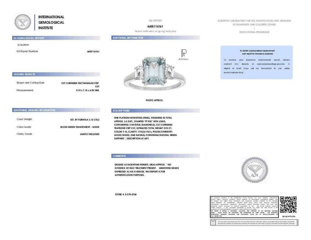 3.12 Carat Emerald Cut Bluish Green Sapphire and Diamond Ring - David Gross Group