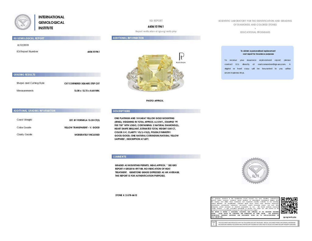 13.28 Carat Emerald Cut Yellow Sapphire and Diamond Ring - David Gross Group