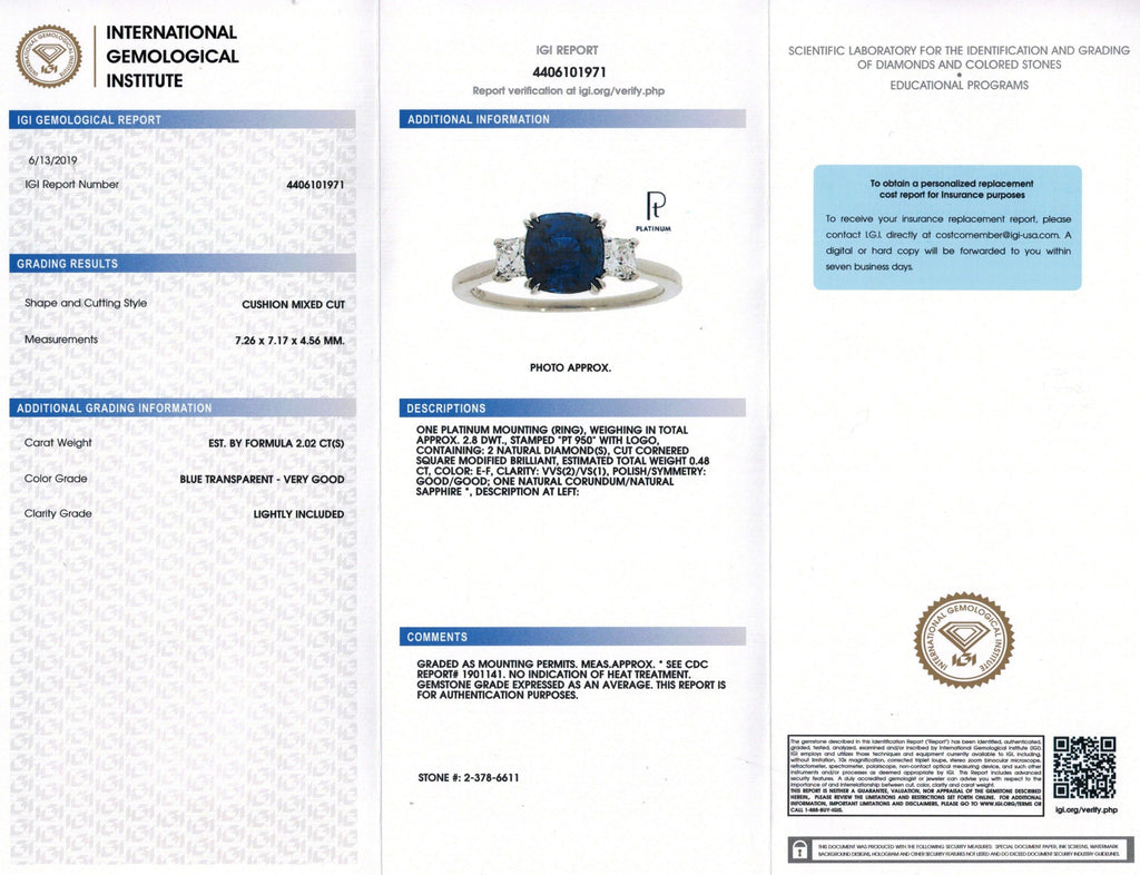 2.02 Carat Cushion Blue Sapphire and Diamond Ring - David Gross Group