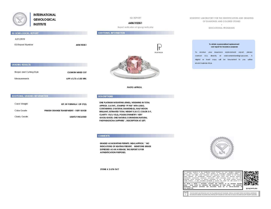 1.29 Carat Cushion Padparadscha Sapphire and Diamond Ring - David Gross Group