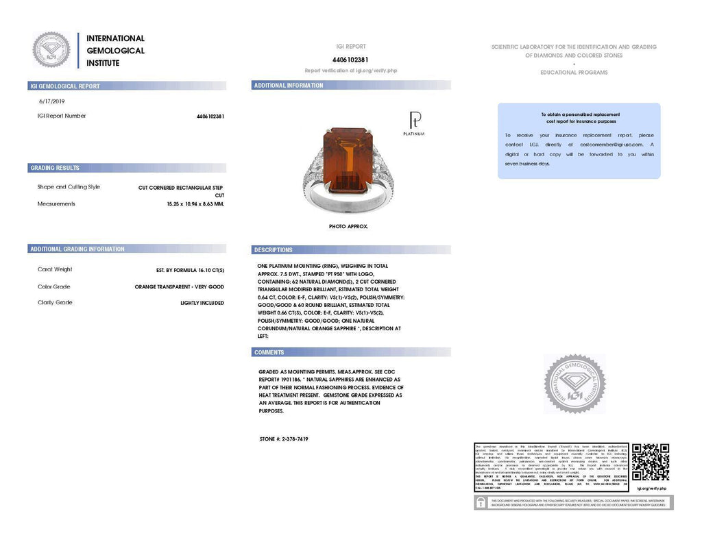 16.10 Carat Emerald Cut Orange Sapphire and Diamond Ring - David Gross Group
