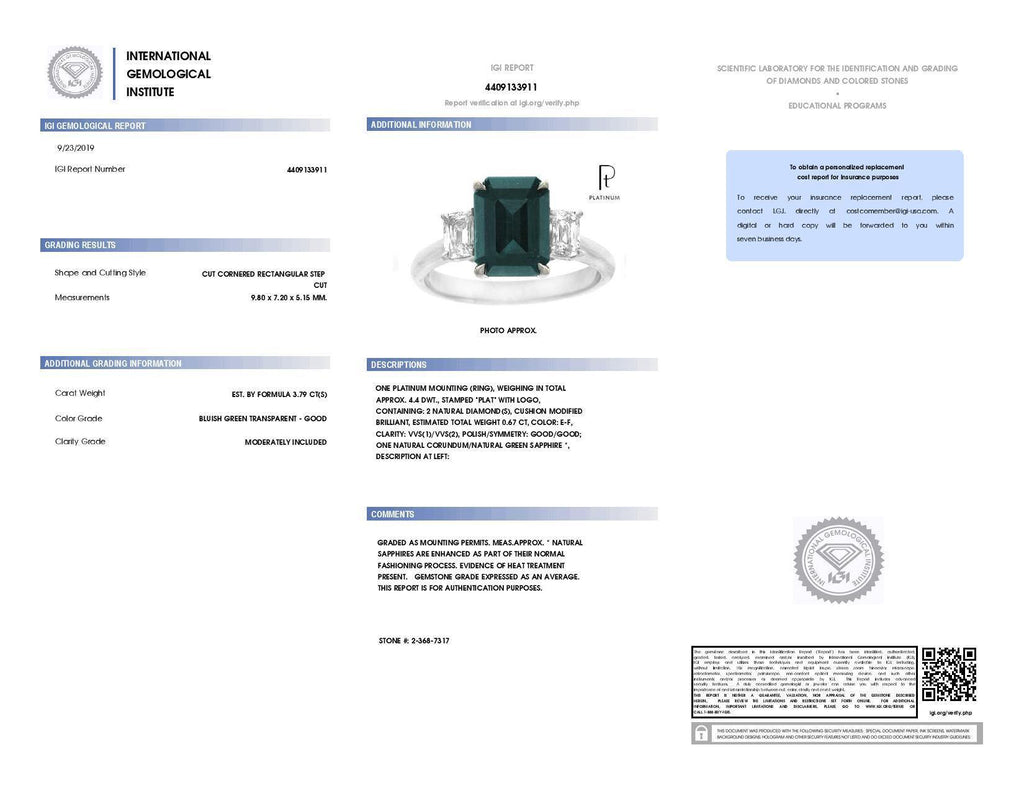 3.79 Carat Emerald Cut Green Sapphire and Diamond Ring - David Gross Group