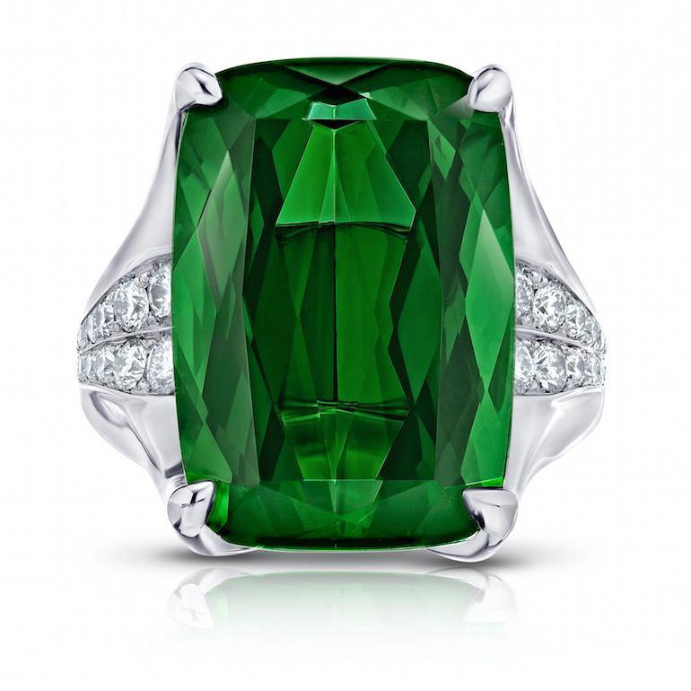 14.78 Carat Cushion Green Tourmaline and Diamond Ring