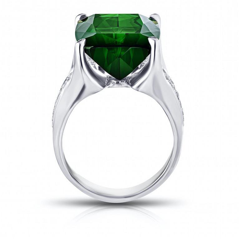 14.78 Carat Cushion Green Tourmaline and Diamond Ring - David Gross Group