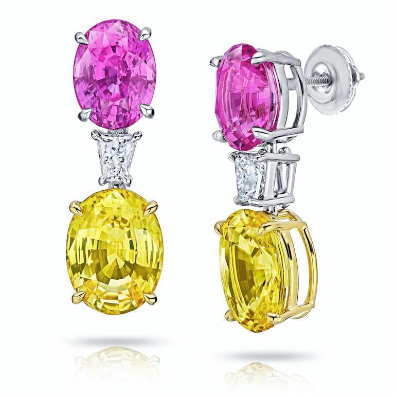 15.11 Carat Oval Pink & Yellow Sapphires and Diamond Earrings - David Gross Group