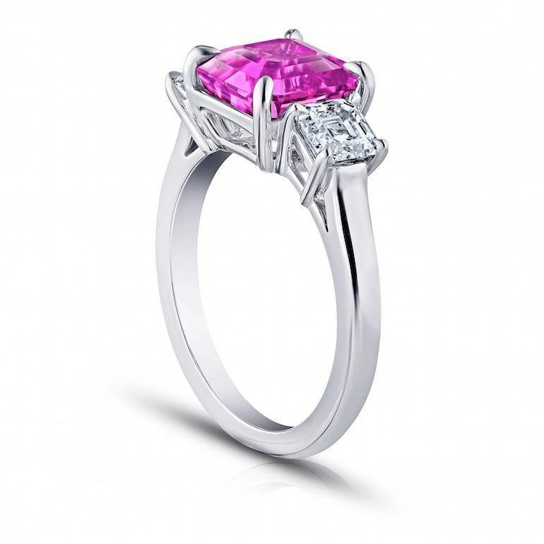 4.06 Carat Emerald Cut Pink Sapphire and Diamond Ring - David Gross Group