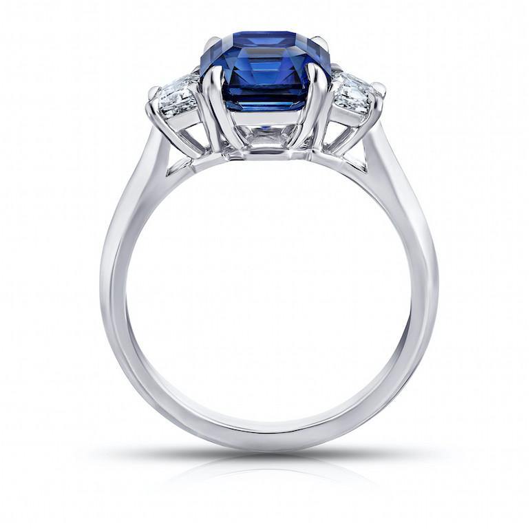 3.86 Carat Emerald Cut Blue Sapphire and Diamond Ring - David Gross Group