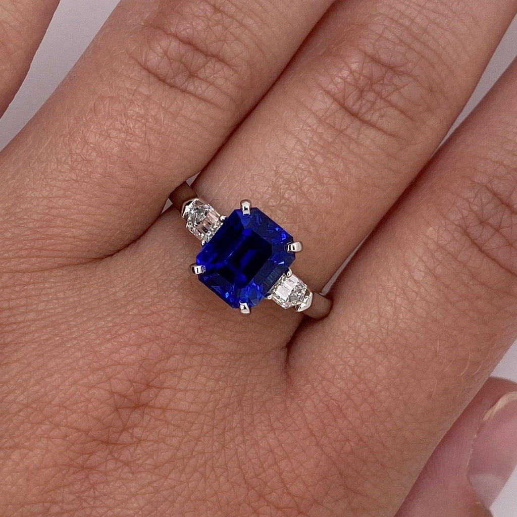3.72 Carat Emerald Cut Blue Sapphire and Diamond Ring - David Gross Group