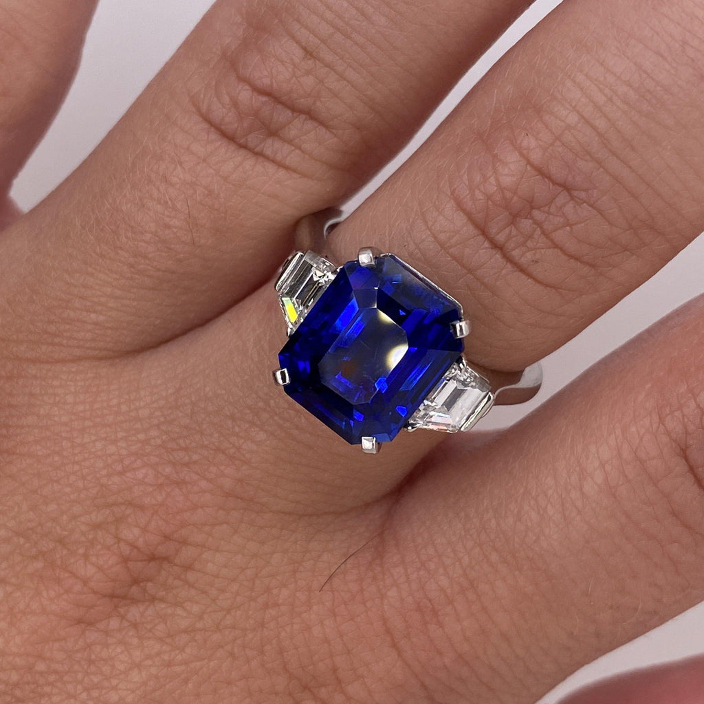 7.11 Carat Emerald Cut Blue Sapphire and Diamond Ring - David Gross Group