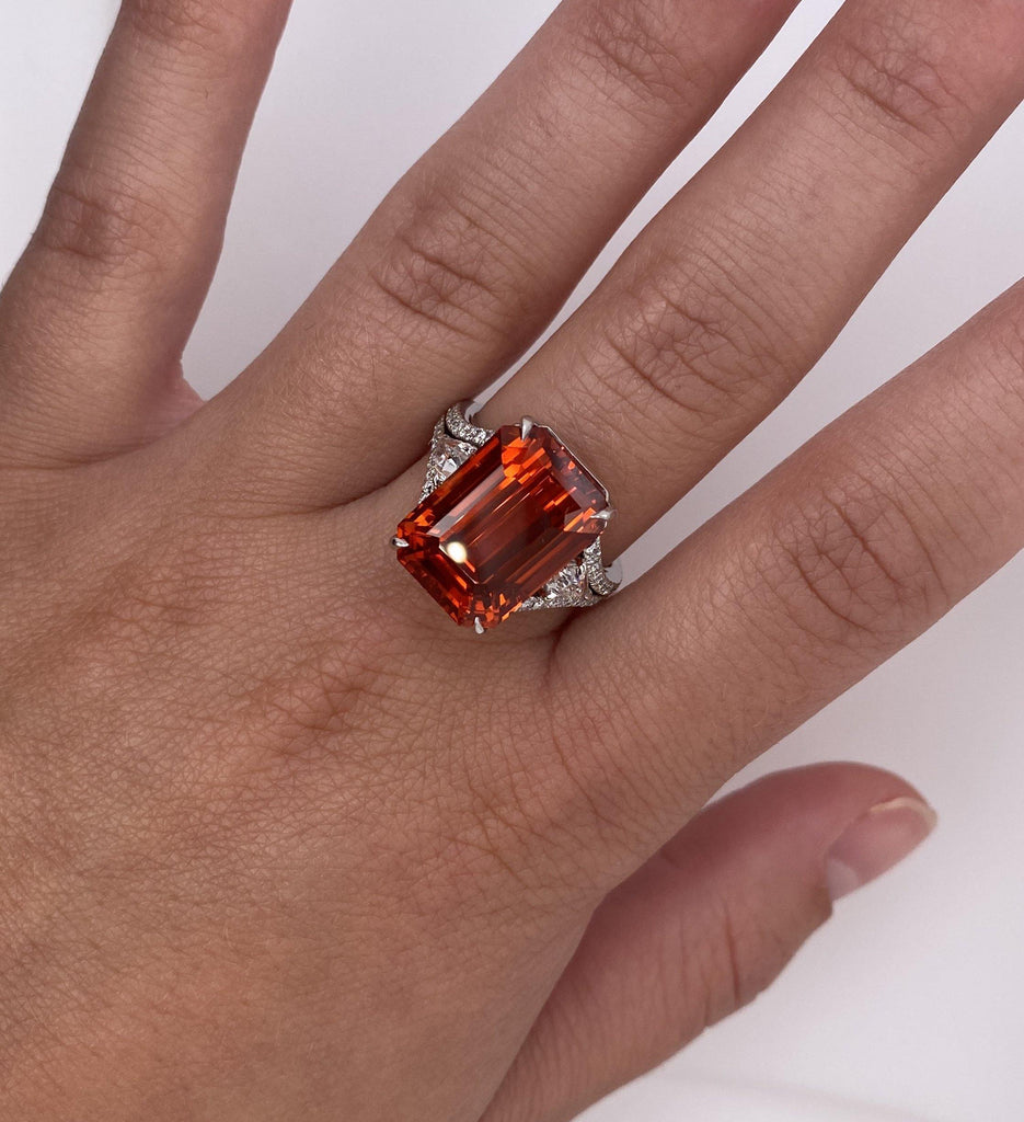 16.10 Carat Emerald Cut Orange Sapphire and Diamond Ring - David Gross Group
