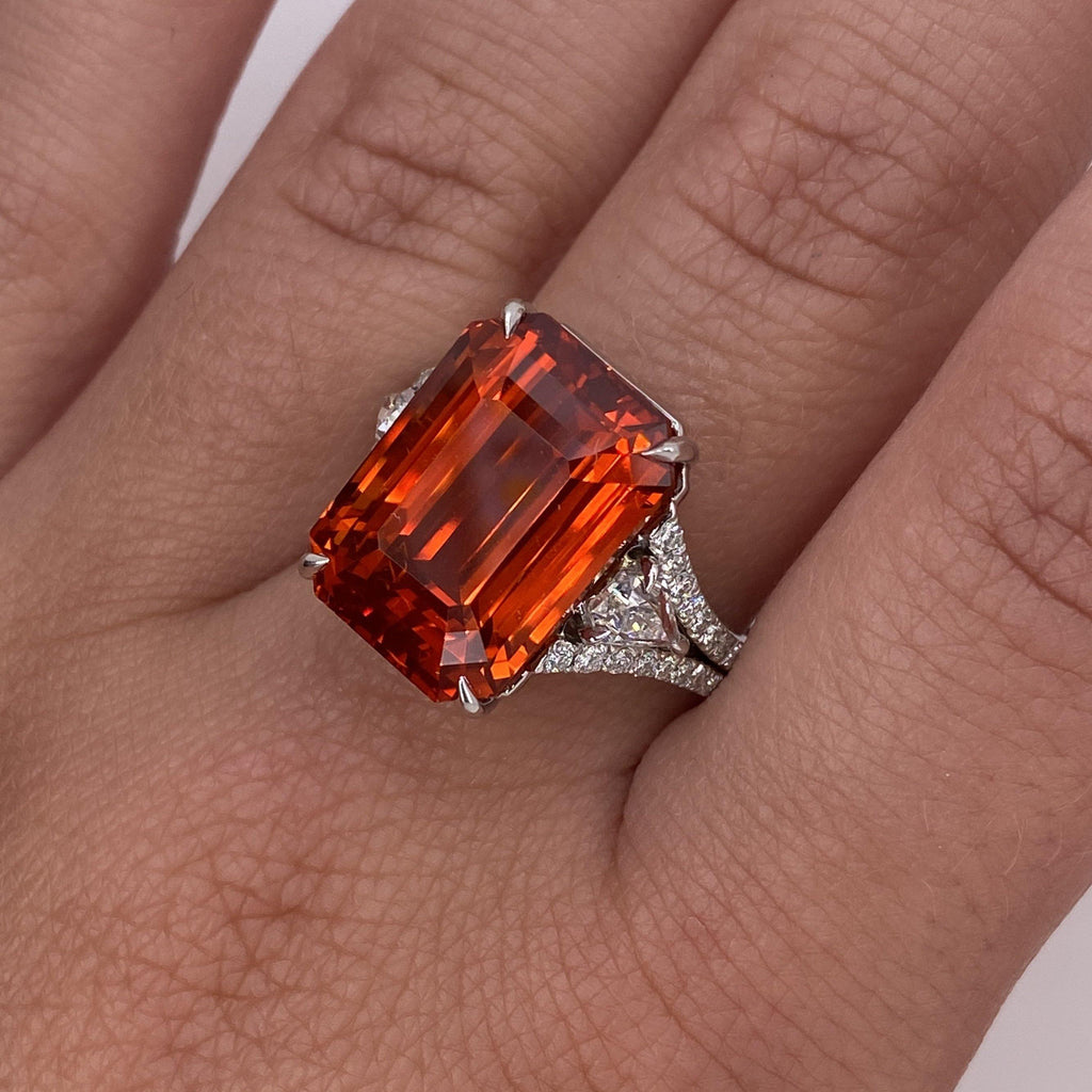 16.10 Carat Emerald Cut Orange Sapphire and Diamond Ring - David Gross Group