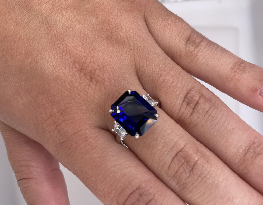 7.30 Carat Emerald Cut Blue Sapphire and Diamond Ring - David Gross Group
