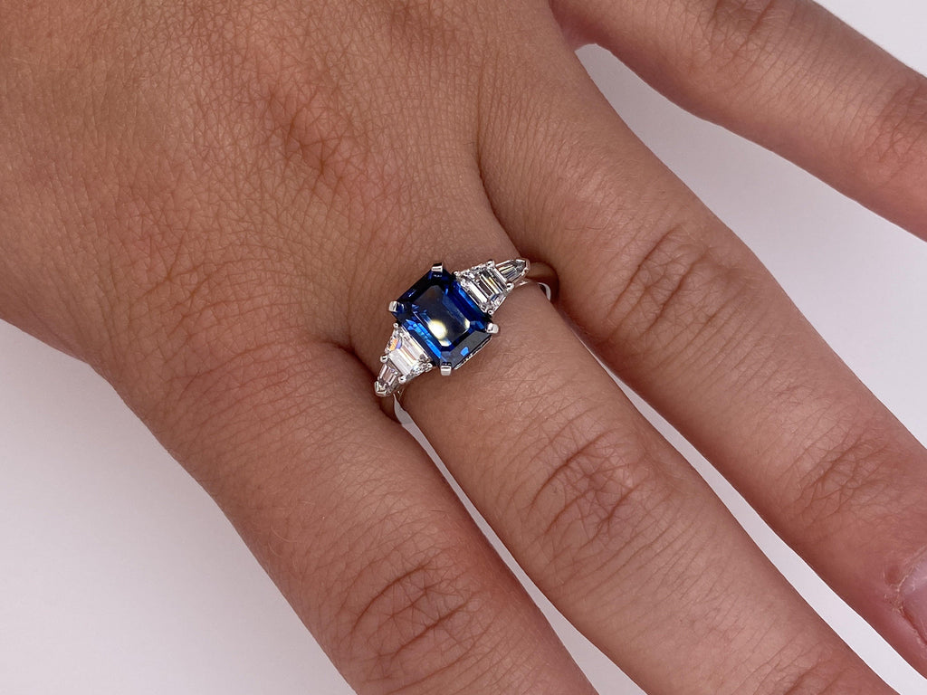 2.25 Carat Emerald Cut Blue Sapphire and Diamond Ring - David Gross Group
