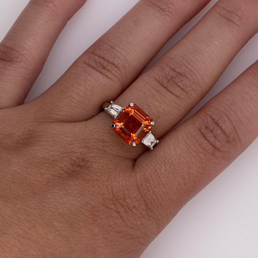 3.21 Carat Emerald Cut Orange Sapphire and Diamond Ring - David Gross Group