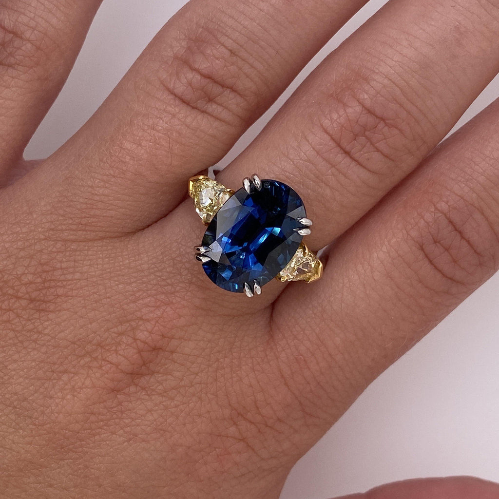 9.08 Carat Oval Blue Sapphire and Fancy Yellow Diamond Ring - David Gross Group