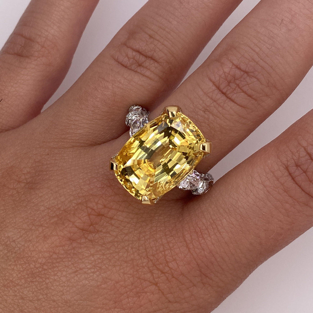 20.26 Carat Yellow Cushion Sapphire and Diamond Ring - David Gross Group