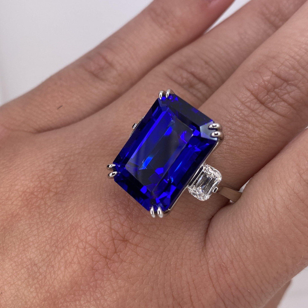 19.97 Carat Emerald Cut Blue Tanzanite and Diamond Ring - David Gross Group