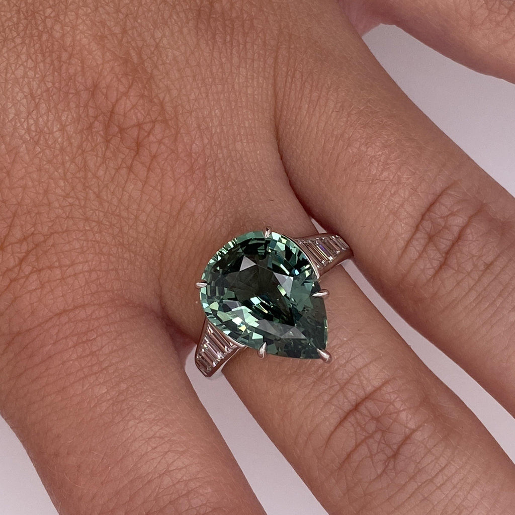 7.57 Carat Pear Shape Green Sapphire and Diamond Ring - David Gross Group