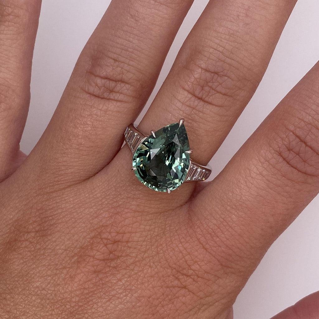 7.57 Carat Pear Shape Green Sapphire and Diamond Ring - David Gross Group