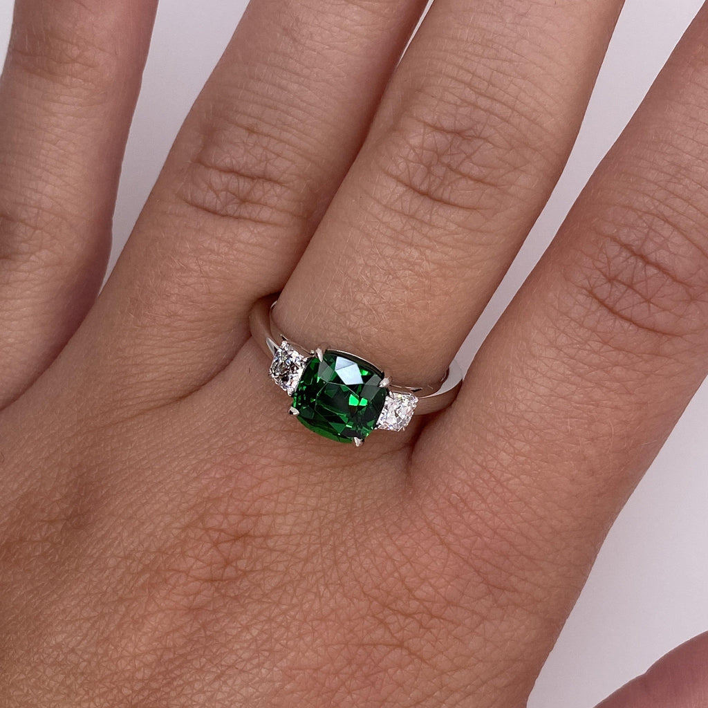 2.58 Carat Cushion Green Tsavorite and Diamond Ring - David Gross Group