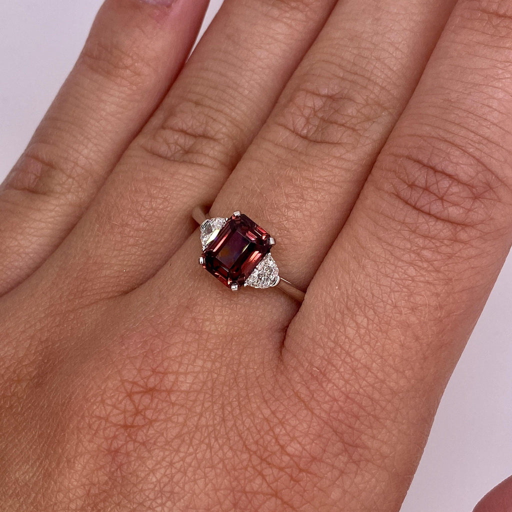 2.08 Carat Emerald Cut Reddish Brown Sapphire and Diamond Ring - David Gross Group