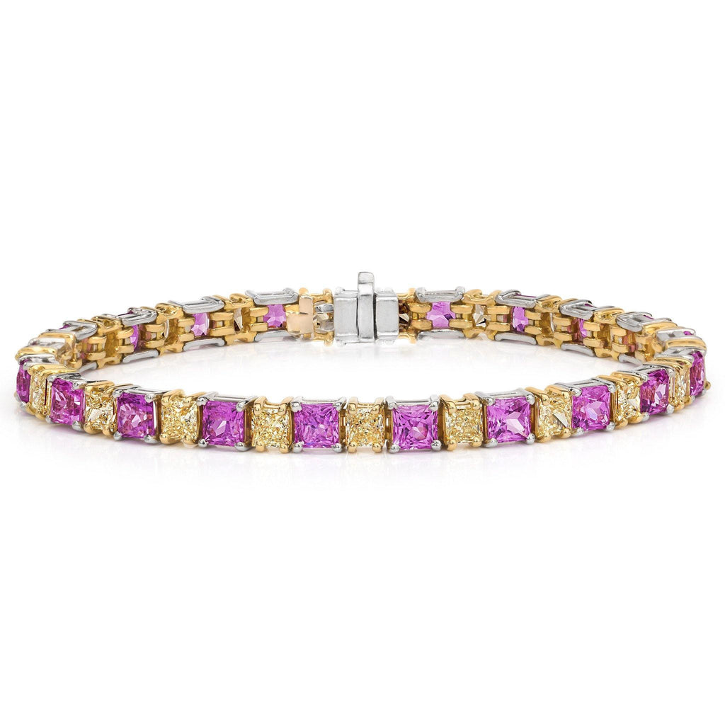 10.22 CT Princess cut Pink Sapphire and Yellow Diamond Bracelet