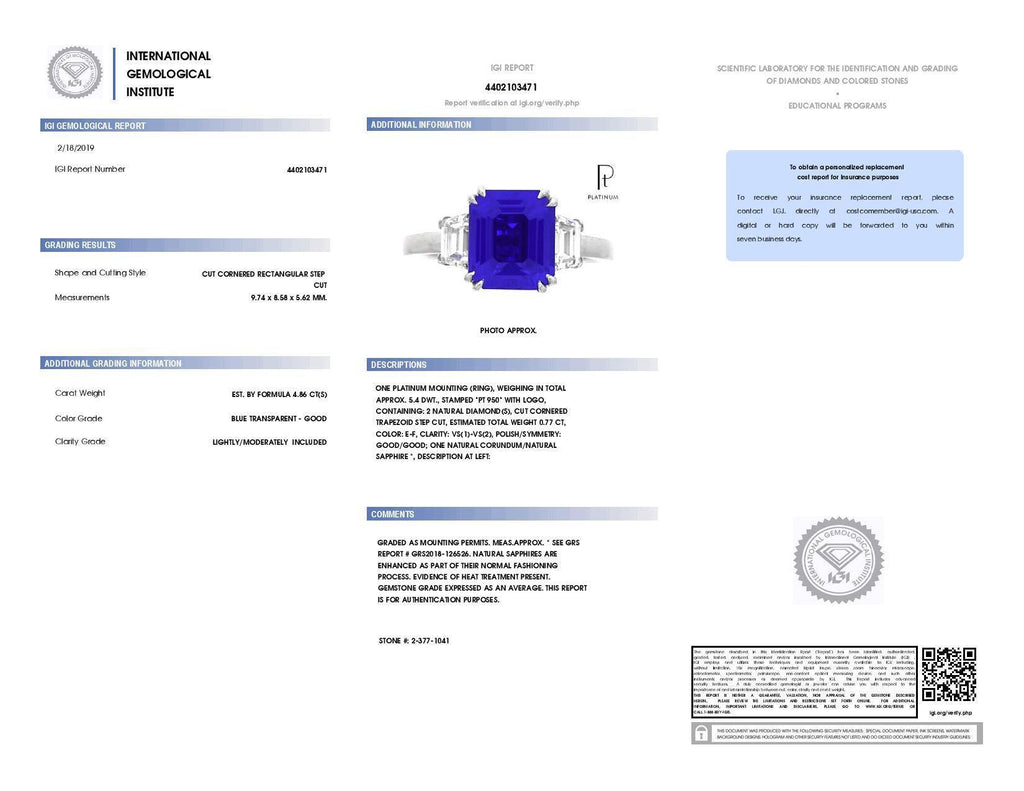 4.86 Carat Emerald Cut Blue Sapphire and Diamond Ring - David Gross Group