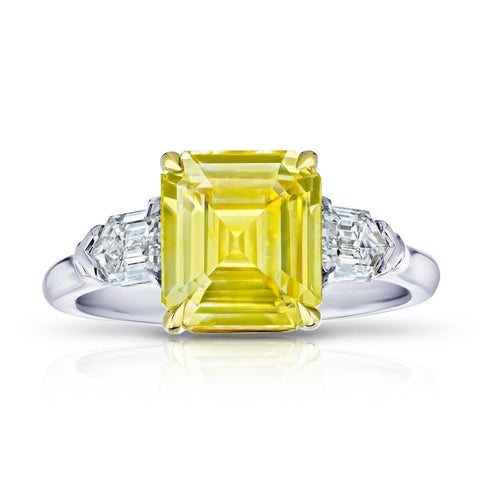 4.12 Carat Cushion Yellow Sapphire and Diamond Platinum Ring