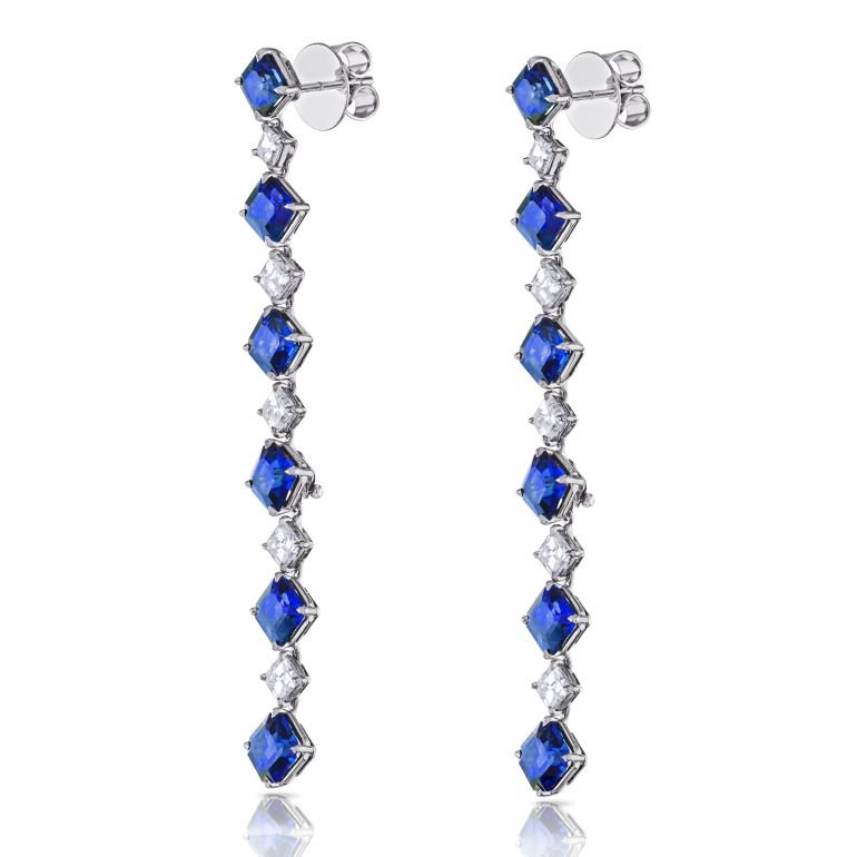 11.91 carat Asscher Blue Sapphire (H) and Diamond Platinum Earrings