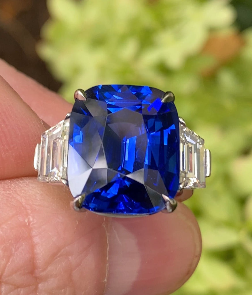 16.01 carat Cushion Blue Sapphire and Diamond Platinum Ring