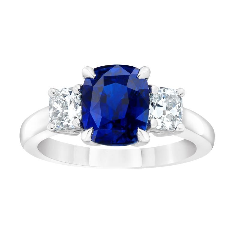 3.33 Carat Cushion Blue Sapphire and Diamond Platinum Ring