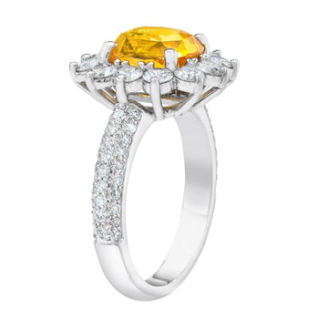 3.37 Carat Cushion Yellow Sapphire and Diamond Platinum Ring