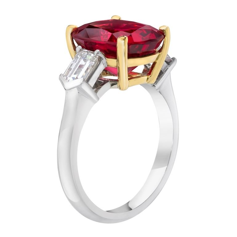 6.25 Carat Cushion Red Sapphire and Diamond Platinum Ring