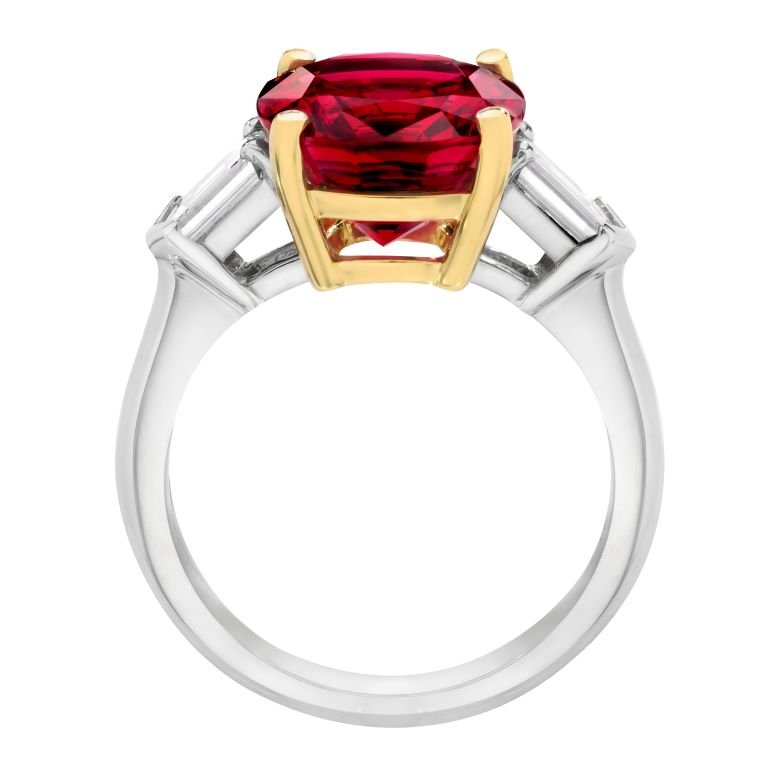 6.25 Carat Cushion Red Sapphire and Diamond Platinum Ring