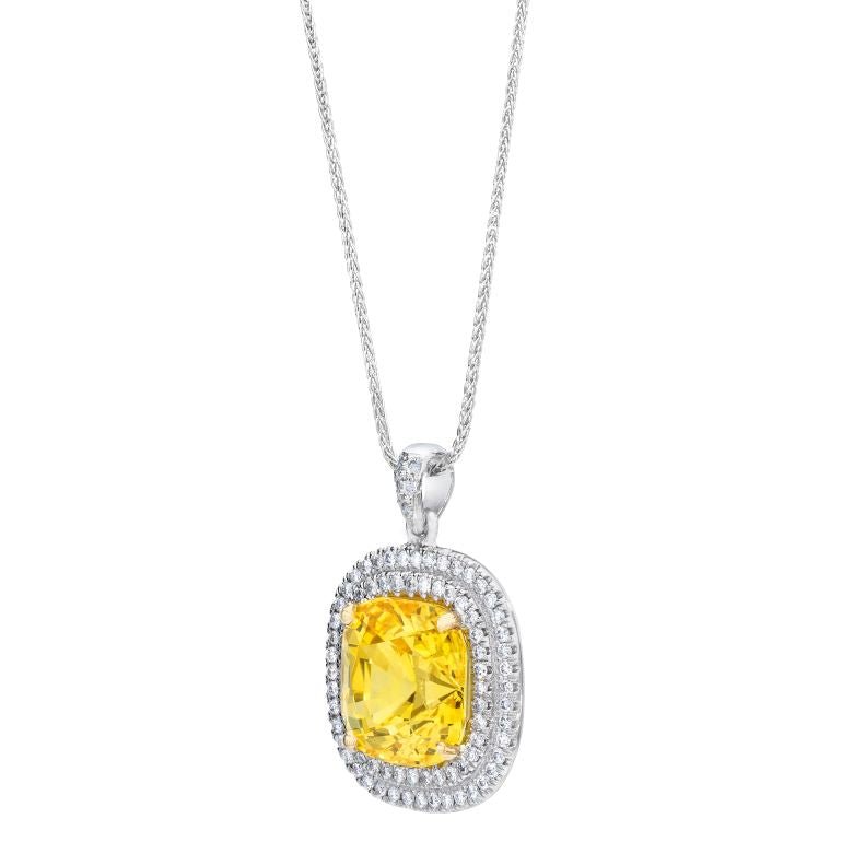 6.96 Carat Cushion Yellow Sapphire and Diamond Platinum Pendant