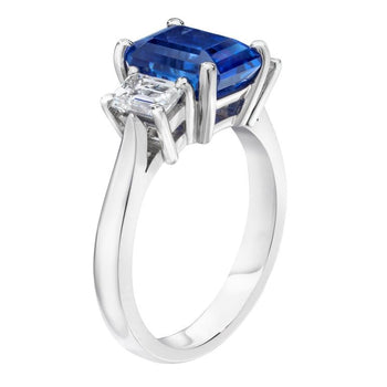 3.96 Carat Emerald Cut Blue Sapphire and Diamond Platinum Ring