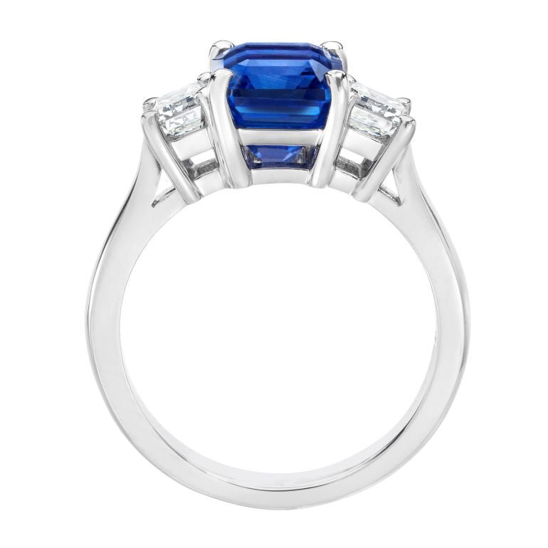 3.96 Carat Emerald Cut Blue Sapphire and Diamond Platinum Ring