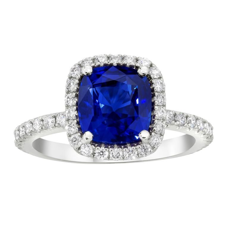 2.72 Carat Cushion Blue Sapphire and Diamond Platinum Ring