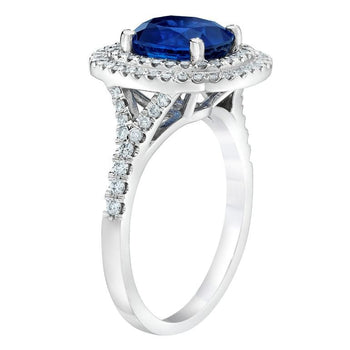 3.03 Carat Cushion Blue Sapphire  and Diamond Platinum Ring