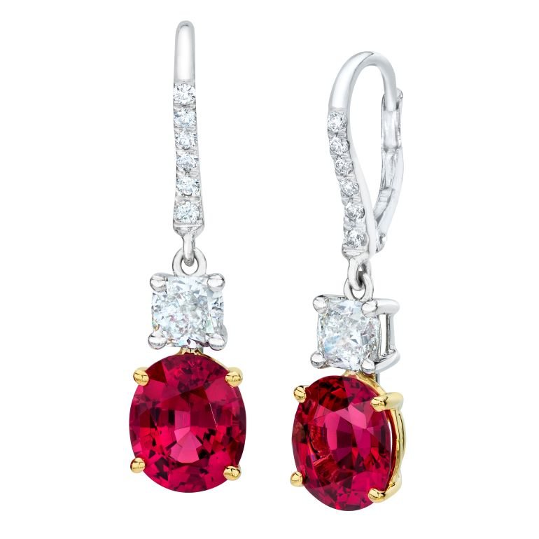 6.08 Carat Cushion Red Spinel and Diamond Platinum Earrings