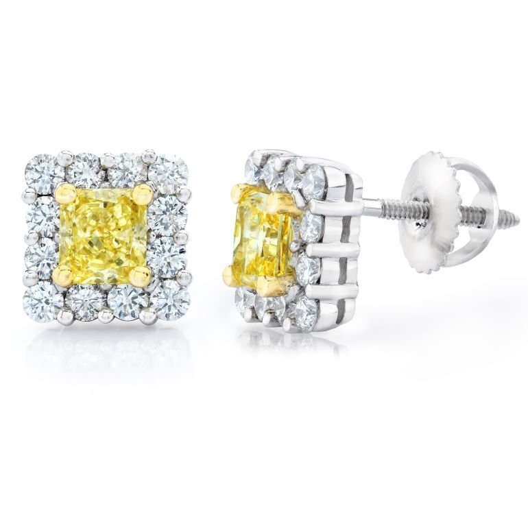 1.04 Carat Radiant Yellow Fancy Diamond and Diamond Platinum Earrings