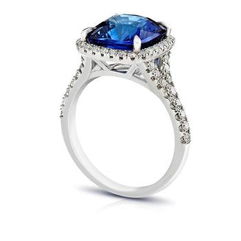 6.33 Carat Cushion Blue Sapphire and Diamond Platinum Ring