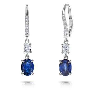 3.05 Carat Oval Blue Sapphire and Platinum Diamond Earrings
