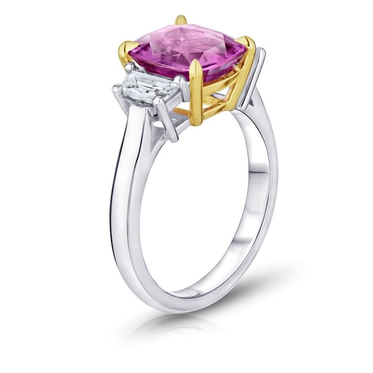 4.06 Carat Cushion Pink Sapphire and a Platinum Diamond Rings