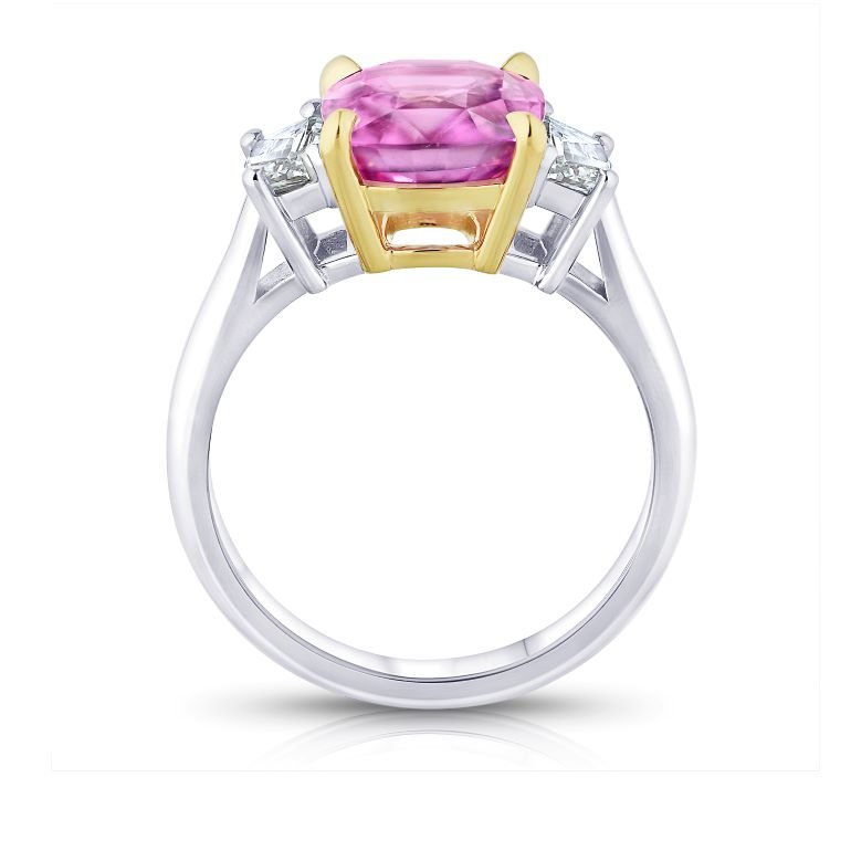 4.06 Carat Cushion Pink Sapphire and a Platinum Diamond Rings