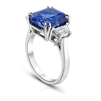 8.63 Carat Radiant Blue Sapphire and Platinum Diamond Ring