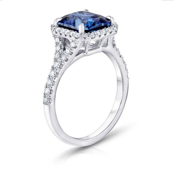 3.77 Carat Radiant Blue Sapphire and Platinum Diamond Ring